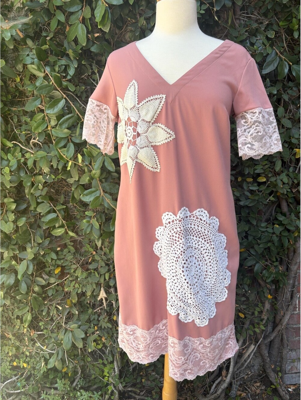 Upcycled dusty rose shift dress with lace doily appliqué